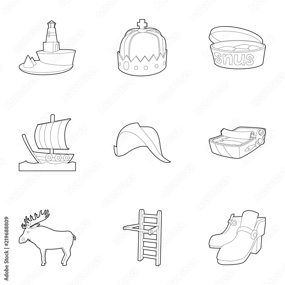 Poster scandinavia icons set. outline set of 9 scandinavia vector icons for web isolated on white backgroun