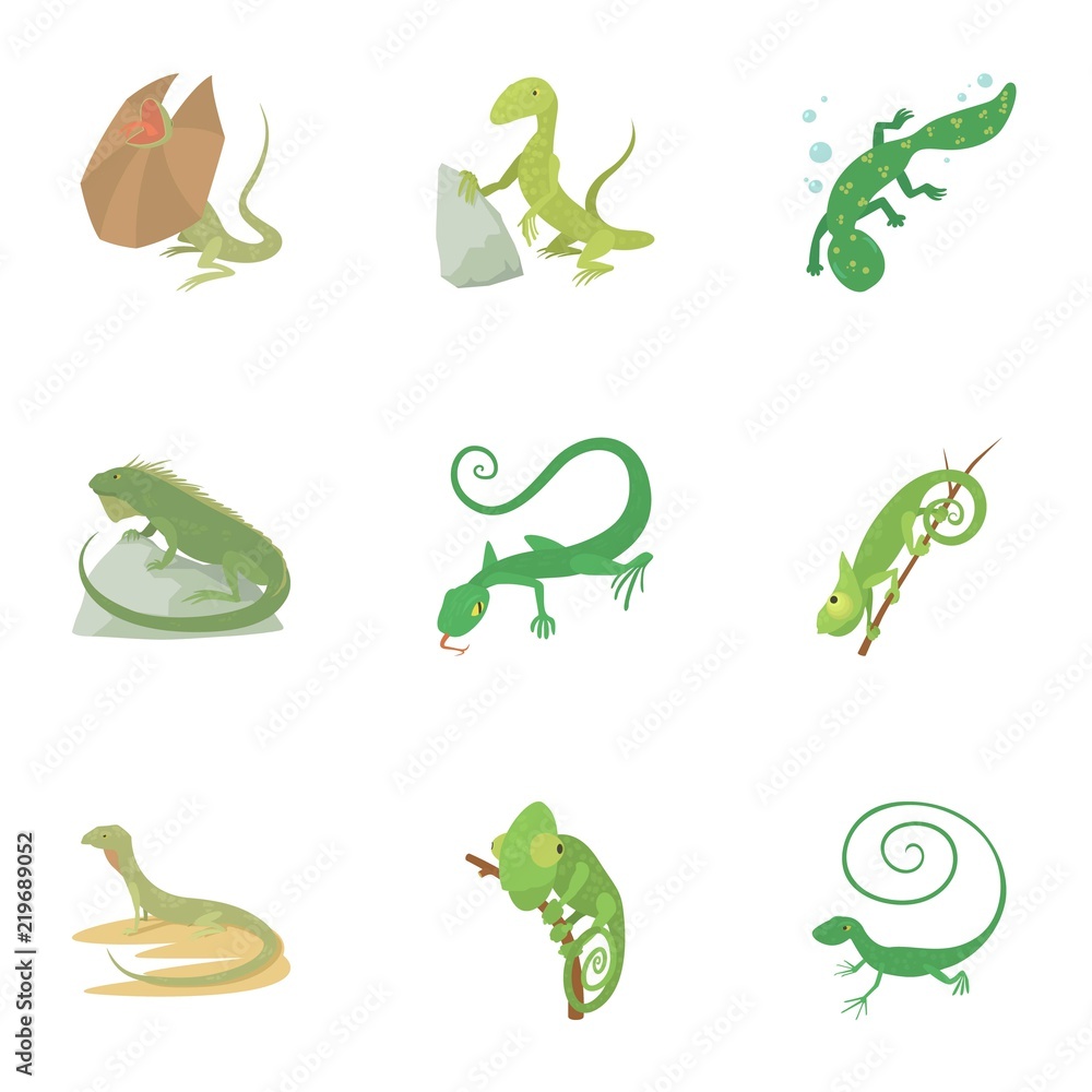 Poster lizard icons set. cartoon set of 9 lizard vector icons for web isolated on white background