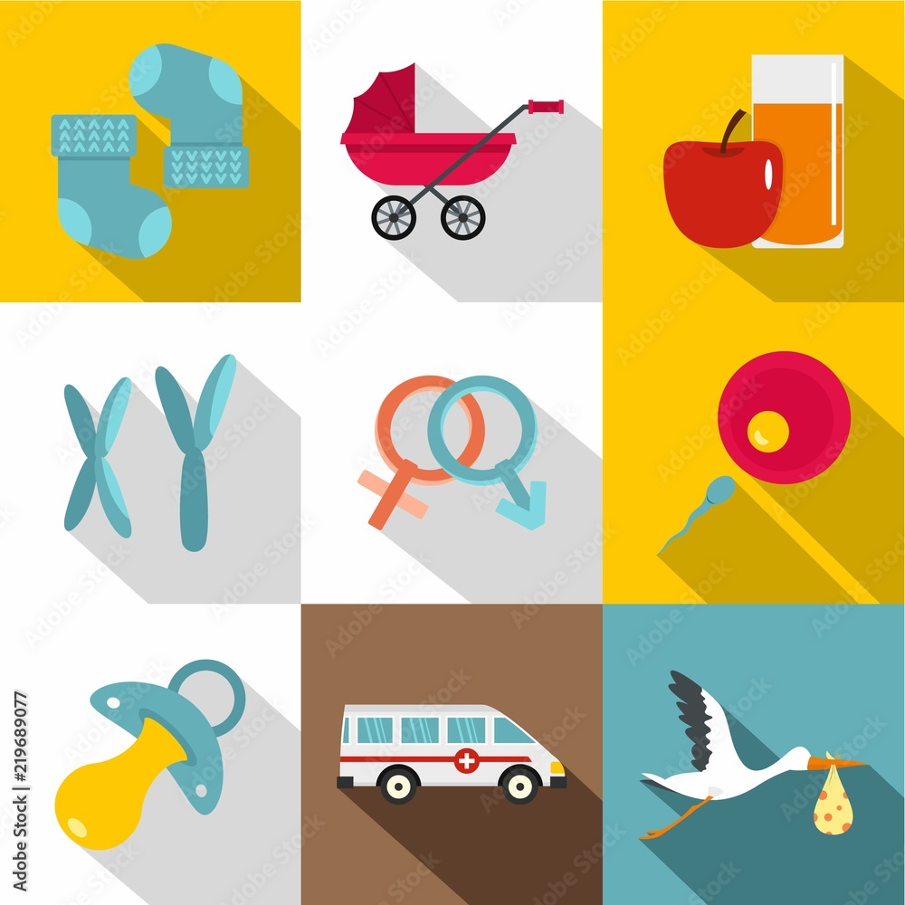 Poster newborn icon set. flat style set of 9 newborn vector icons for web design