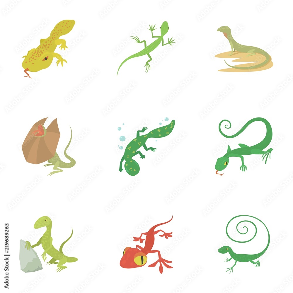 Poster reptile icons set. cartoon set of 9 reptile vector icons for web isolated on white background