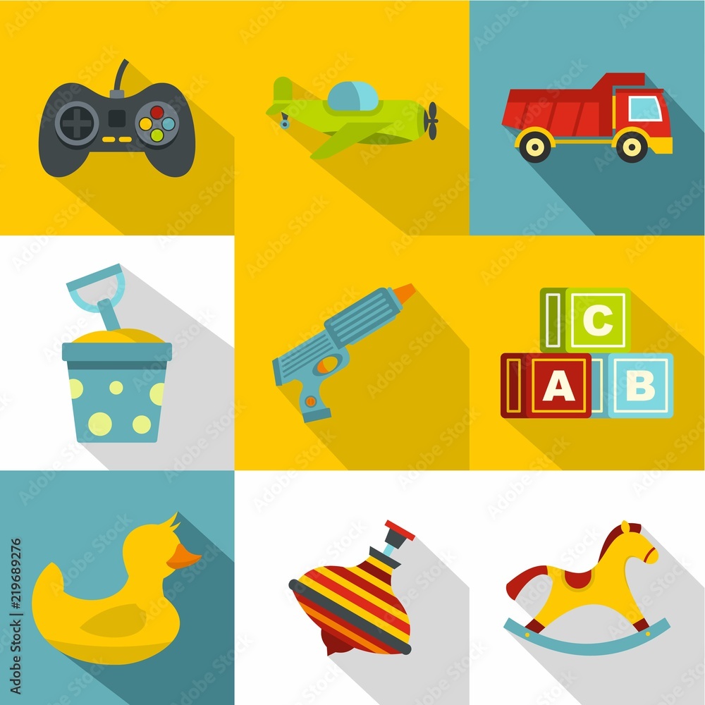 Aufkleber different toys icon set. flat style set of 9 different toy vector icons for web design