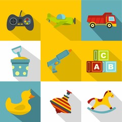 Different toys icon set. Flat style set of 9 different toy vector icons for web design