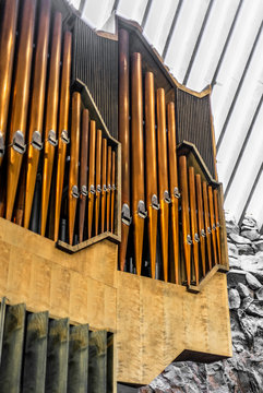 Deatil of the majestic organ in the rock church of Temppeliaukio in Helsinki - 4