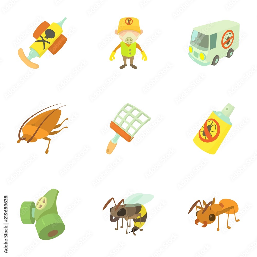 Poster insect control icons set. cartoon set of 9 insect control vector icons for web isolated on white bac
