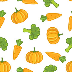 seamless carrots vegetables background, pumpkin, broccoli on white background