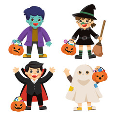 Set of Happy Halloween. Funny children in colorful costumes and pumpkin basket with candy. Ghost , Zombie, Witch, Dracula.
