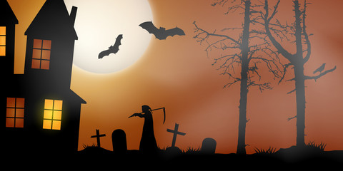 Scary vector haloween landscape with haunted house, graveyard and a death with scythe in full moon.