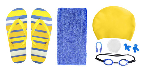 Top view of equipment and accessories for swimming pool isolated on white background. Swim cap, ear...