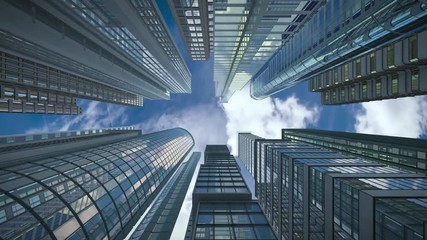 Vertical view of modern skyscrapers in business district against blue sky. 3d animation