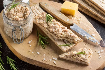 Foto op Plexiglas Tuna pate with egg, cheese in jar and crispy bread. Fish rillette, healthy snack, diet food © maria_lapina