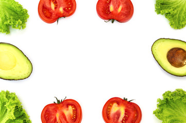 tomato avocado and lettuce on a white background
