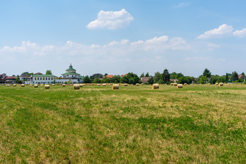 Rack of hay from the harvested cereal crop in the field.