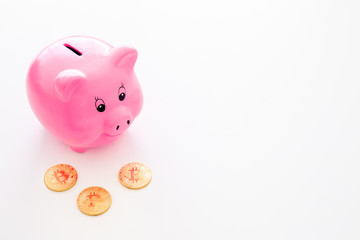 Savings. Moneybox in shape of pig near coins on white background copy space