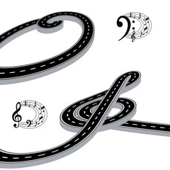The road is stylized in the form of a violin and bass key in perspective. Music on the road. Isolated. illustration
