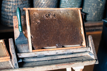 Beekeeper's workshop, full of honey honeycomb with a scraper next to it ready to prepareBeekeeper's workshop, full of honey honeycomb with a scraper next to it ready to prepare