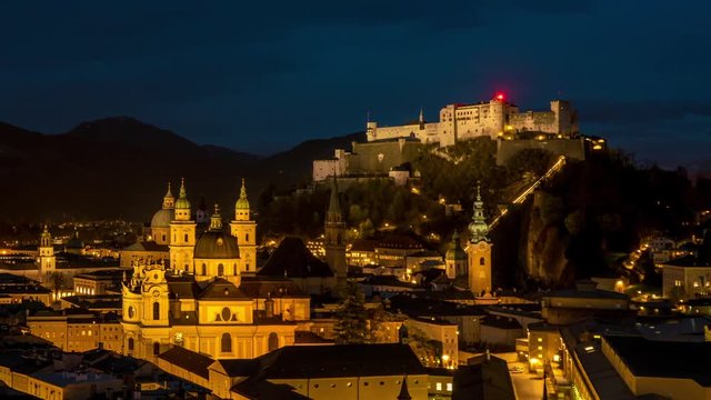 Spectacular panorama time-lapse view on the historic architecture of the city centre during sunset in Salzburg, Austria.
