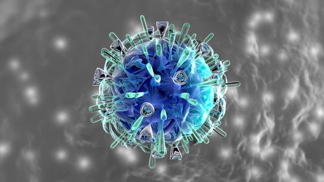 3D rendered Animation of a moving HIV Virus cell floating between healthy body cells.
