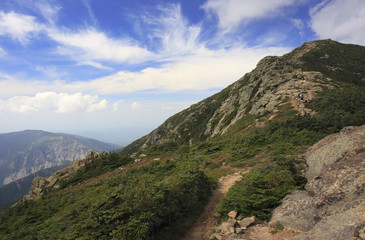 Fototapeta na wymiar Mount Lincoln trail on Franconia Ridge Traverse, Mount Lafayette area in New Hampshire, USA