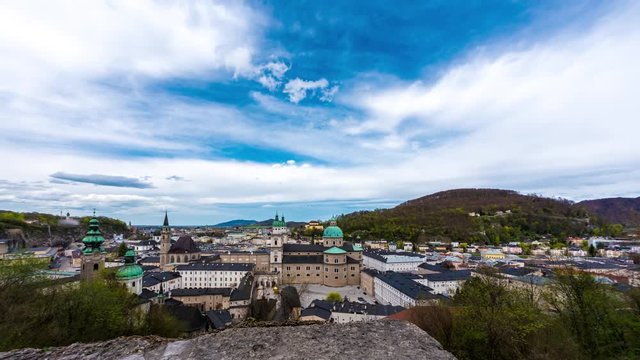 Panorama time-lapse view of the towers of Salzburg in Austria.
