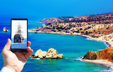High contrast vibrant image of famous blue emerald sea bay near the birthplace of Aphrodite of...