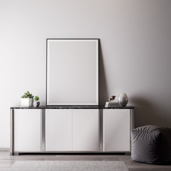 Mock up poster frame in Interior room with white wal, modern style, 3D illustration