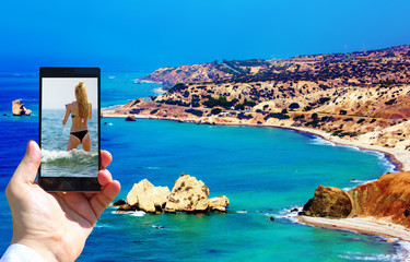 High contrast vibrant image of famous blue emerald sea bay near the birthplace of Aphrodite of...