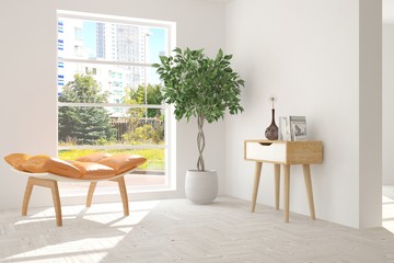 Idea of white room with armchair and summer landscape in window. Scandinavian interior design. 3D illustration