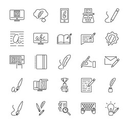 Creative copywriting vector illustration icon collection set. Black outlined basic elements that represents marketing, advertising and salesmanship with written word.