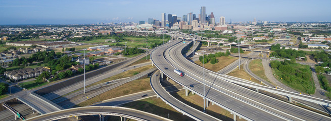 Panorama aerial view Houston downtown and interstate 69 highway with massive intersection, stack...