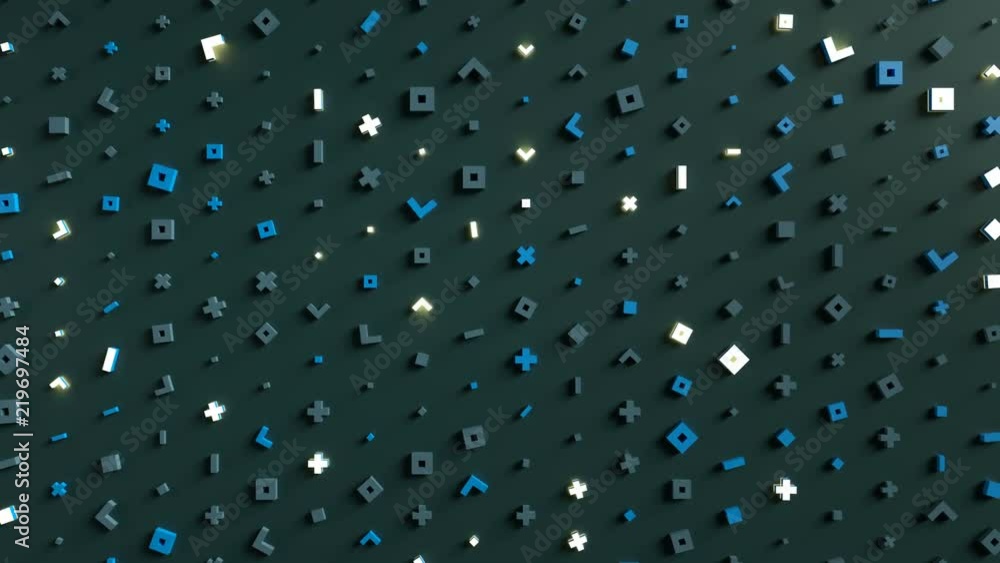 Poster wall of abstract symbols. modern technology or science fiction concept. 3d render seamless loop anim