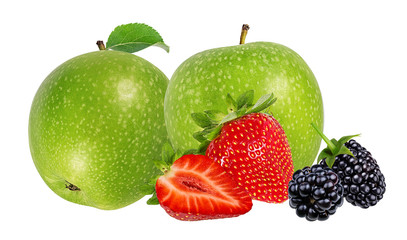 Collage of fresh green apples and berries strawberries and blackberries isolated on white background with clipping path