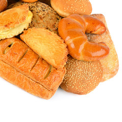 Bread and bakery products isolated on white background.