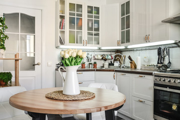 Bouquet of tulips in interior of the kitchen