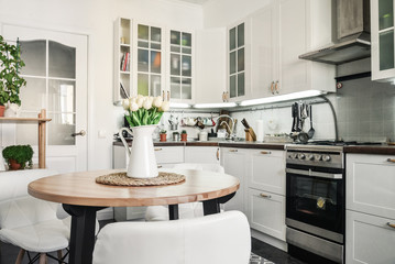 Bouquet of tulips in interior of the kitchen