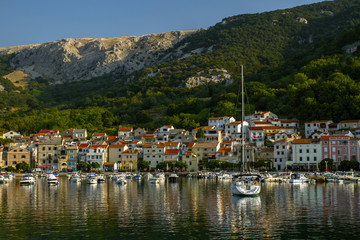 Fototapeta na wymiar Panoramic view of Baska town. Croatia vacation. Island Krk. Adriatic coast, Croatia, Europe.