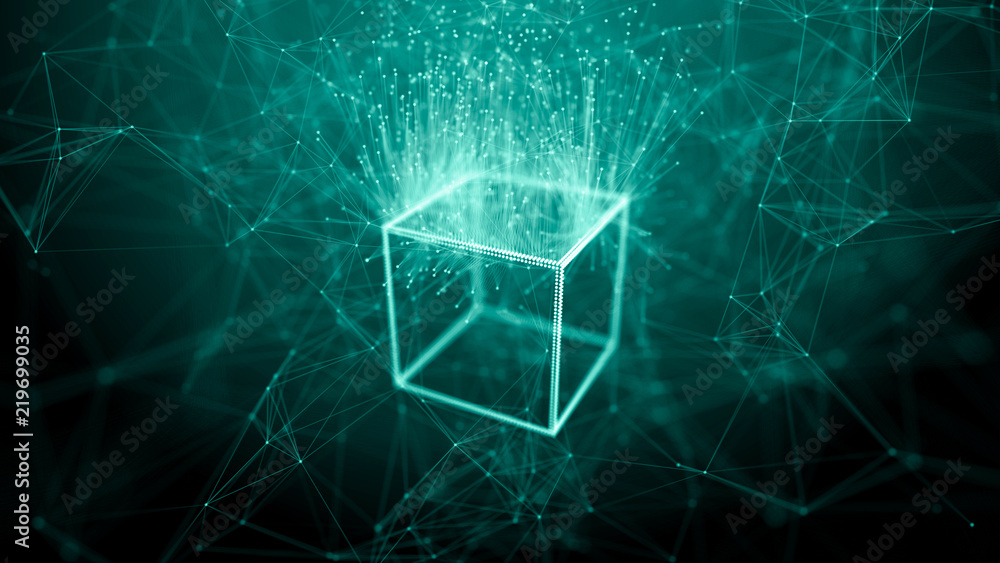 Aufkleber Block chain network concept. Big Data. Background made of line, circles and particles. 4k rendering.