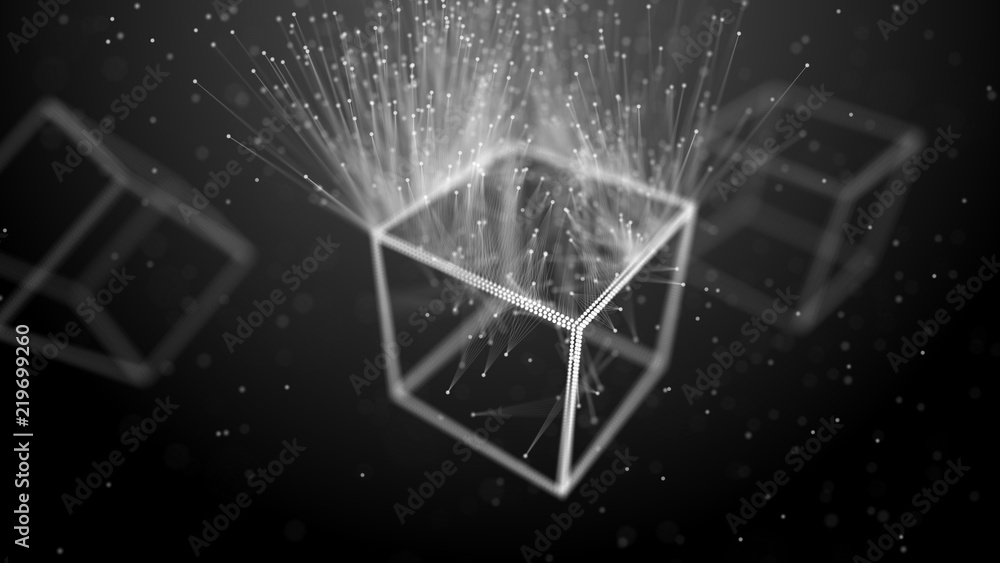 Poster Block chain network concept. Big Data. Background made of line, circles and particles. 4k rendering.