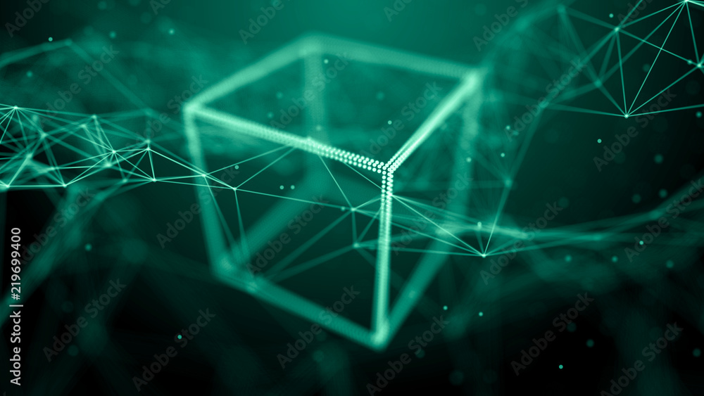 Poster Block chain network concept. Big Data. Background made of line, circles and particles. 4k rendering.