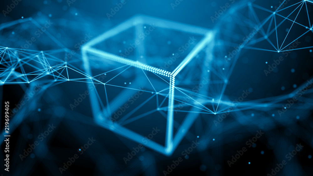 Poster Block chain network concept. Big Data. Background made of line, circles and particles. 4k rendering.