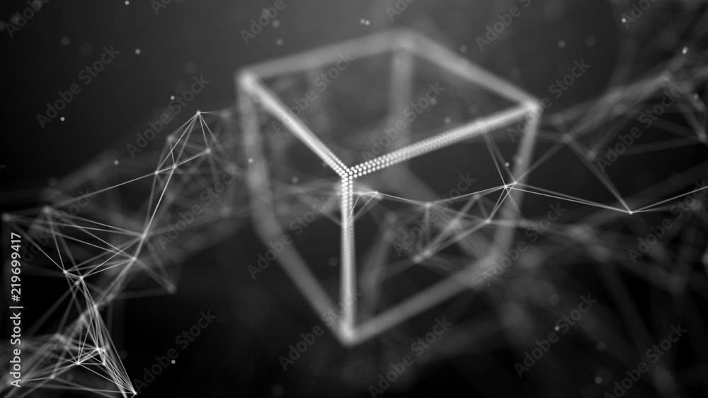 Poster Block chain network concept. Big Data. Background made of line, circles and particles. 4k rendering.
