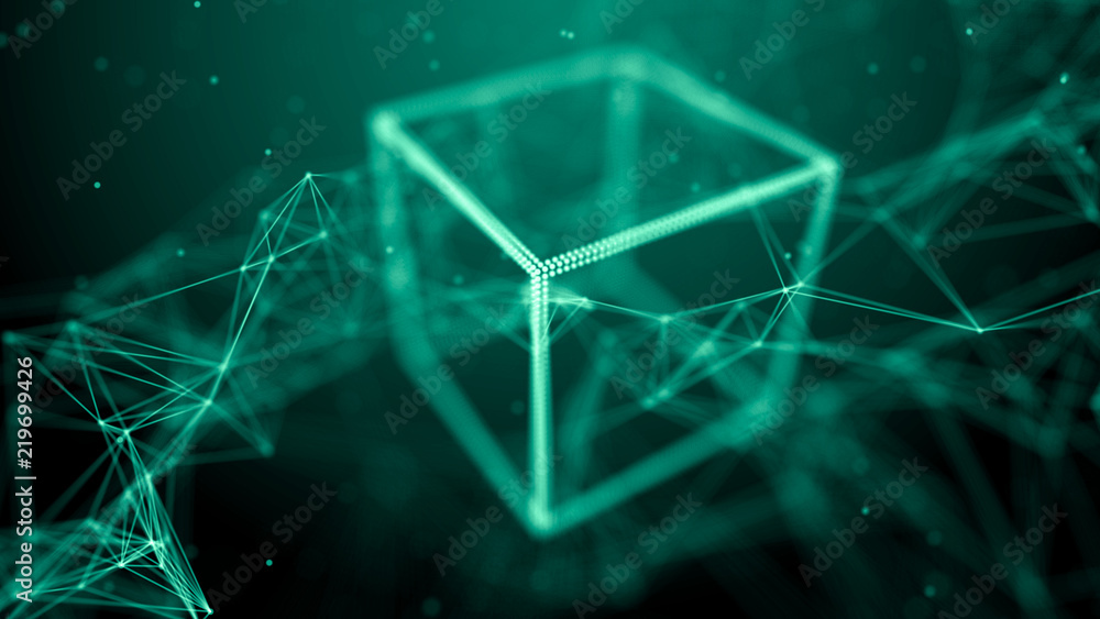 Poster Block chain network concept. Big Data. Background made of line, circles and particles. 4k rendering.