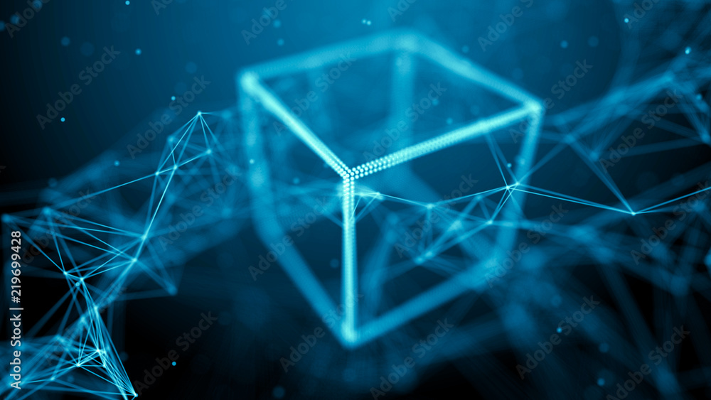 Aufkleber Block chain network concept. Big Data. Background made of line, circles and particles. 4k rendering.