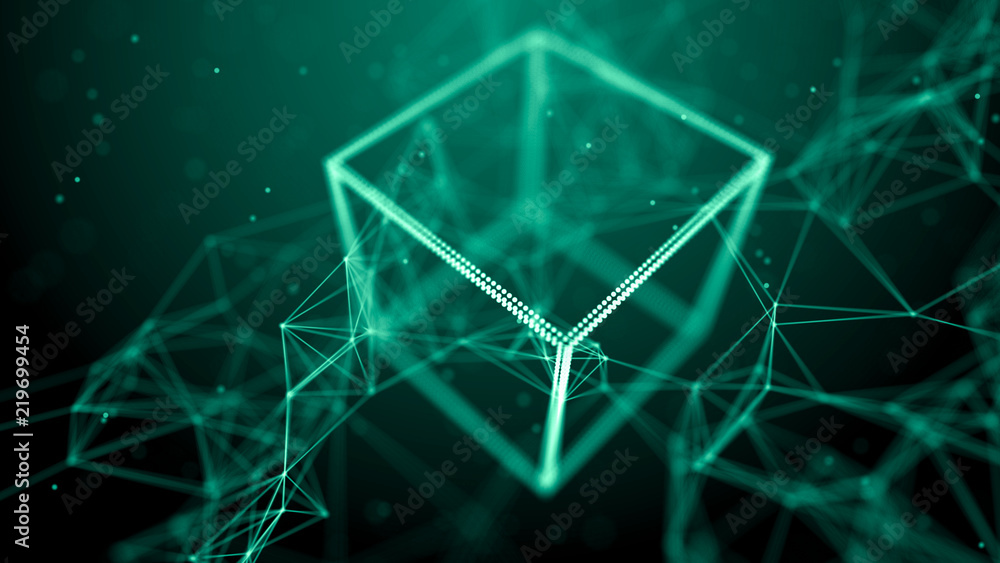 Poster Block chain network concept. Big Data. Background made of line, circles and particles. 4k rendering.