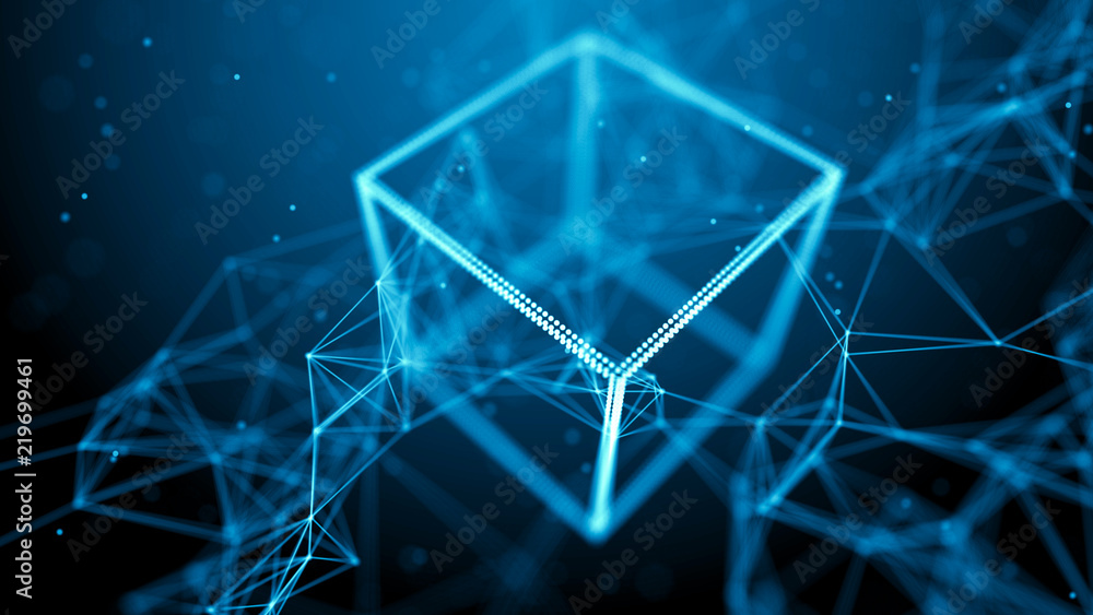 Poster Block chain network concept. Big Data. Background made of line, circles and particles. 4k rendering.