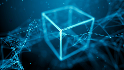 Block chain network concept. Big Data. Background made of line, circles and particles. 4k rendering.