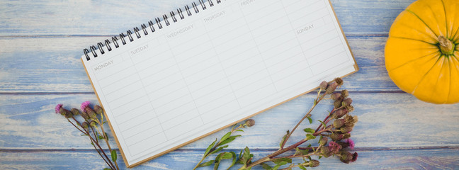 Blank planner mock up with autumn pumpkins
