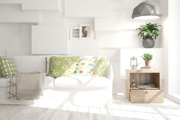 Idea of white minimalist room with sofa. Scandinavian interior design. 3D illustration