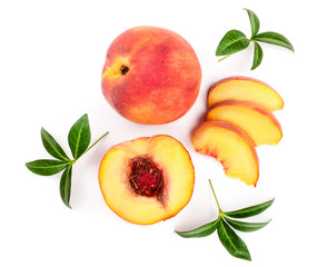 ripe peaches with leaves isolated on white background. Top view. Flat lay pattern