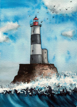 Handmade watercolor illustration of the lighthouse on the sea