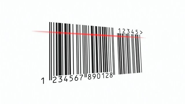 Scanning a barcode with a reader. Red scanline when the stripes are decoded. Square and round font, close-up shot.
